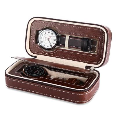 China Two Slot For 2 Watches Two Slots Watch Travel Storage Organizer Jewelry Travel Case Zipper Leather for sale