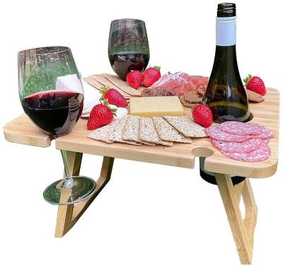 China Modern Folding Snack Table Wine Picnic Table Tray Wooden Outdoor Picnic Table With Wine Bottle Holder for sale