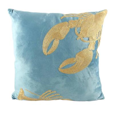 China Folded 100% Cotton Ocean Hand Embroidery Cushion Cover Embroidery Lobster Pillow for sale