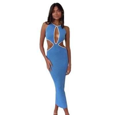 China 2022 Spring/Summer New Breathable Ceremony Solid Color Hollow Out Round Neck Sleeveless Dress Women Long for sale