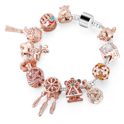 China CLASSIC Fashion Handmade Bracelet and Bracelet Rose Gold Dream Catcher Hanging Hollow Inlaid Colorful Diamond Large Hole Bead Snake Bracelet for sale