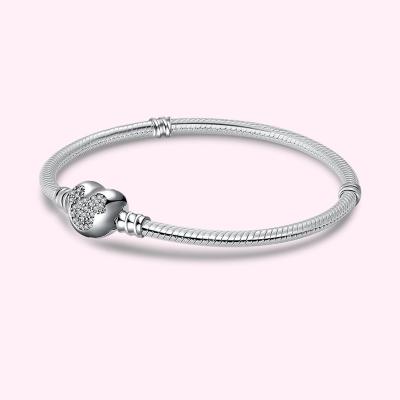 China Big Sale CLASSIC DIY Fine Bangle Bracelet For Women Original 100% 925 Sterling Silver Heart Clasp Snake Bead Chain Fit Jewelry for sale