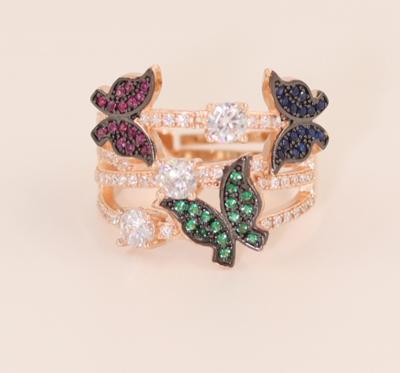 China New Trendy Designer Butterfly Ruby Emerald Jewelry Diamond Zircon Enamel Gemstone 18K Gold Silver Rings for sale