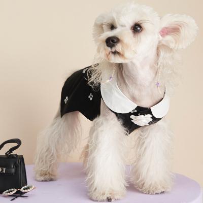 China ELEGANT Female Lady Dress Little Black Dog Dress with Camellia Brooch Embroidery Floral Pet Waist Skirt for sale