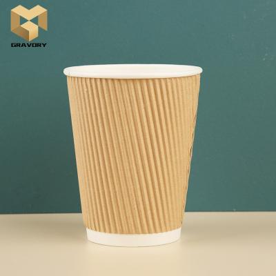 China Recyclable Disposable Coffee Mugs Wall Eco-friendly Triple Paper PE Coated Logo 12oz Hot Ripple Wall Paper Cup for sale