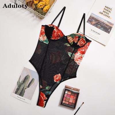 China New Women's Spandex/Polyester Net Thong Perspective Teddy Bodysuit Sexy One Piece Lingerie Set Underwear Net Thong Print Sling Bra Yarn Lingerie Set for sale