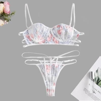 China Breathable Lace Flower Embroidered Caged Bralette Lingerie Set New Sexy Bra Mesh Transparent Women's Underwear Nightgowns And Thong for sale