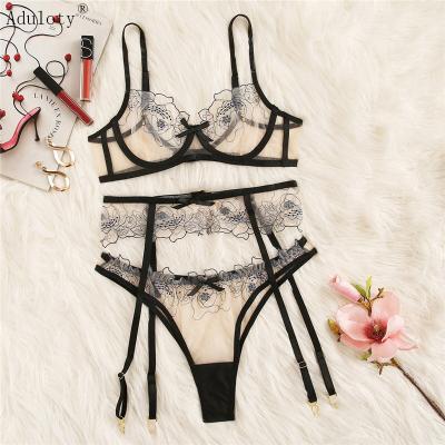 China Sexy Underwire Allure Bra Set Breathable Floral Lace Garter Lingerie Set See Through Ultrathin Thongs Embroidery Mesh Underwear Sets for sale