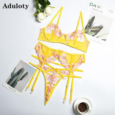 China Aduloty Breathable Sexy Lingerie Multicolor Flower Embroidered Steel Ring Gathered Bra Women Perspective Underwear Thong Garter Se Erotica for sale