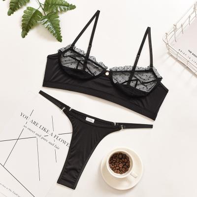 China New Sexy Women's Underwear Cavity Lace Wave Point Perspective Breathable Bra Set Comfortable Sexy Gathered Bra Set Thong Lingerie Set for sale