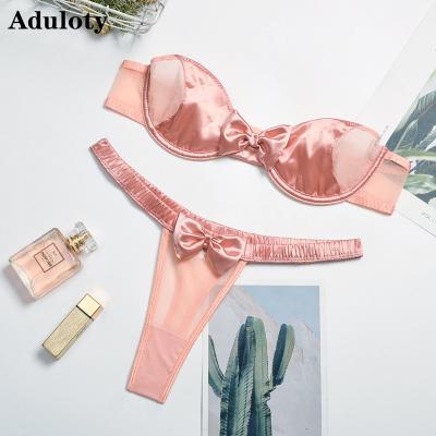 China New Style Women's Stitching Sexy Bra Set Mesh Thong Bow Pump Decor Satin Lingerie Set Transparent Lace Underwear And Panties for sale