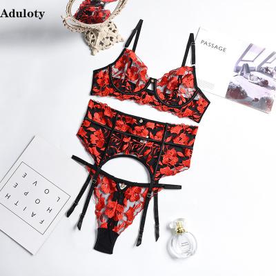 China Breathable Aduloty New Women's Sexy Lace Embroidered Lingerie Underwire Gathers Garter Belt Thong Set Mesh See-Through Erotic Underwear for sale