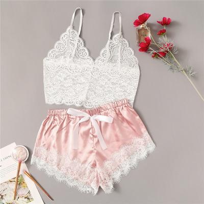 China QUICK DRY Floral Lace Bralette With Satin Shorts Lingerie Set 2020 Women Ladies Sexy Bra And Panty Underwear Pajamas Set-Pink for sale