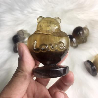 China China Hand Carved Natural Purple Yellow Heart Animal Love Fluorite Crystal Bear for sale