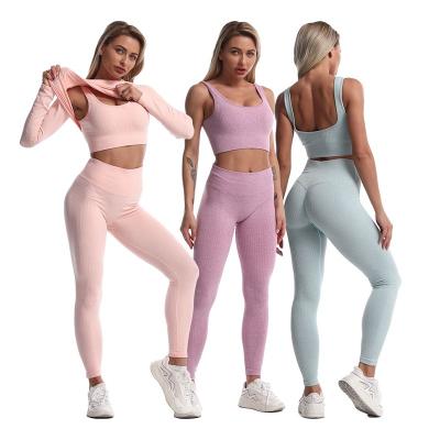 China Wholesale Customized Women's Breathable Workout Suit 3 Piece Set Seamless Yoga Leggings With Sports Bra Set Fitness Suit for sale