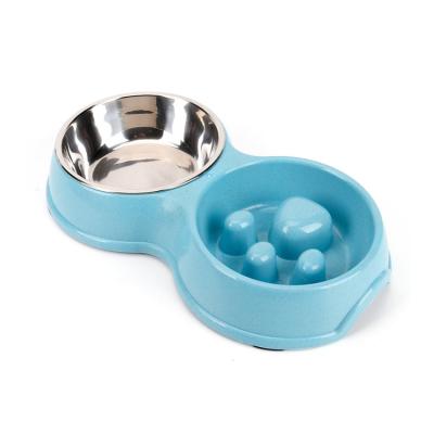 China Wholesale Custom Viable Metal Double Port Stainless Steel Pet Cat Dog Water Food Feeder Slow Bowl for sale