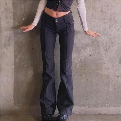 China QUICK DRY Aesthetics Slim Waist Rocket Low Pants E-girl Vintage Pockets Solid Pants Autumn Fashion Black Trousers for sale