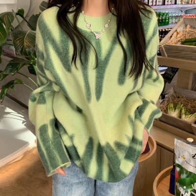 China ladies Long Jumper Warm Outerwear 2021 Streetwear Pullover Sweaters Anti-wrinkle Women Knitwear Winter Elegant Green Striped Print Oversized for sale