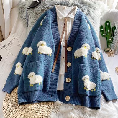 China Anti-wrinkle Autumn Winter Knitted Female Cardigan Loose Streetwear Knit Sweater Coat Cute Cartoon Print V-Neck Knitted Women Jacket for sale