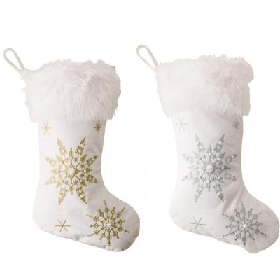 China Polyester Christmas Stocking White Gold Snowflake Stamping Christmas Ornaments Christmas Tree Hanging Decorations Noel Gift Socks for sale