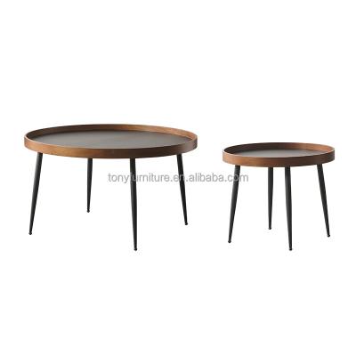 China Two Size Modern Nordic Round Coffee Table Simple Modern Solid Wood Walnut Color And Metal Leg for sale