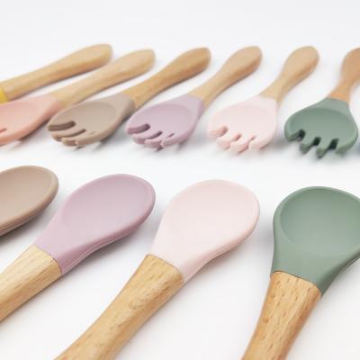 China BPA Free Amazon Silicone Baby Training Spoon Hot Selling Bamboo Fork Feeding For Kids for sale