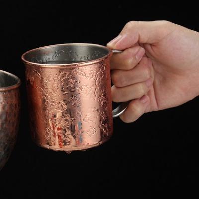 China Disposable Custom Cup-in-Cup 440ml Moscow Mule Mugs with Brass Handle Stainless Steel-Copper Mug Hammered Moscow Mule Mugs for sale