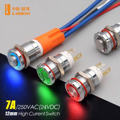 China Aluminum Oxide /Stainless Steel /Copper Plating LANBOO Metal Push Button Switch 12mm High Current 7A Buttons Waterproof IP67 Personality Head Concave Bright and Nice LED for sale