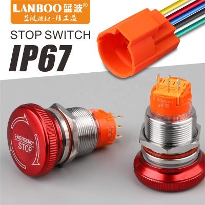 China LANBOO 19mm Aluminum Oxide IP67 Mushroom Waterproof 22mm Emergency Stop Push Button Switch With Led 1NO1NC 2NO2NC Latching Switch ON for sale