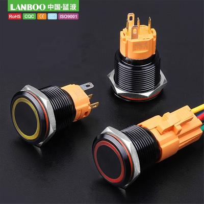 China LANBOO Aluminum Oxide Push Button Switch 1NO1NC Black Finish Flat Key Metal 19mm Stainless/Copper Plating With Ring Illuminated for sale