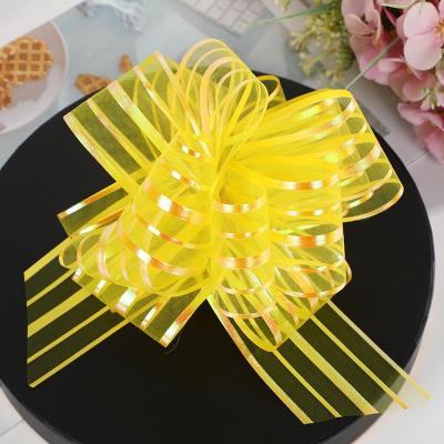 China New pp. Iridescent Ribbon Pom Pom Organza Pull String Bows Wholesale Christmas Rainbow Competitive Organza Flower Ball Decoration for sale