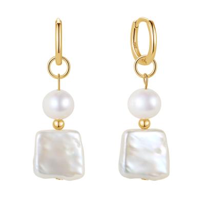 China TRENDY 14K Gold Plated Hoop Earrings With Natural Pearls 925 Sterling Silver Freshwater Pearl Earring For Woman for sale