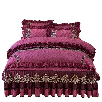 China American Style Wine Red Nondisposable Velvet Quilted Cotton 4pcs Bedding Set for sale