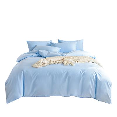 China Nondisposable Korean Plain 40s 100% Staple Cotton Sky Blue Long Style 4pcs Bed Set for sale