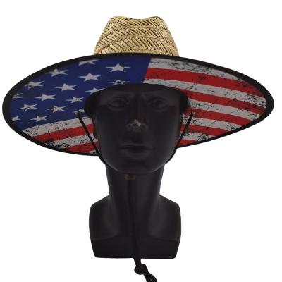 China Image Wholesales Buy Factory Bulk Available Stock USA American Flag Printed Unisex Wide Brim Lifeguard Straw Hat for sale