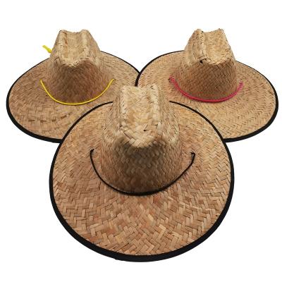 China Image Wholesales Buy Bulk Available Factory Stock Rush Grass Tropical Print Pattern Fishing Surf Lifeguard Straw Hat With Color Rope for sale