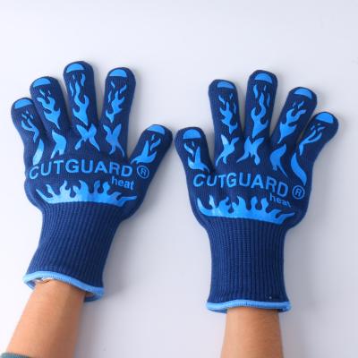 China Highest Selling Hot Selling Custom Logo Long High Blue Heat Resistant BBQ Grill Heat Resistant Gloves For Food Cooking for sale