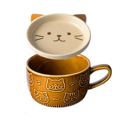 China Sustainable Ceramic Mug With Lid Cartoon Cat Coffee Mugs Japanese Breakfast Milk Latte Cups Water Cup for sale