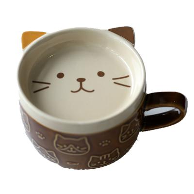 China Viable Ceramic Mug With Lid Cartoon Cat Coffee Cup Set Japanese Breakfast Milk Latte Mugs for sale