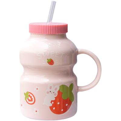 China Viable Creative Straw Marker Cup With Lid Handle Cup Breakfast Milk Water Cup Ceramic Mugs for sale