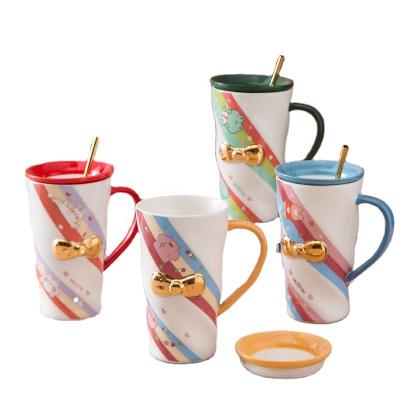 China Lovely Viable Personality Creative Cartoon Water Cup With Lid Straw Ceramic Mug Couple Office Coffee Cups for sale