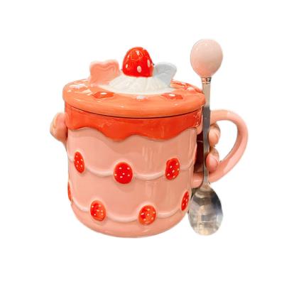 China Strawberry Viable Cute Cake Ceramic Mug With Lid Spoon Saucer Breakfast Milk Cup Oatmeal Coffee Mugs Mugs for sale