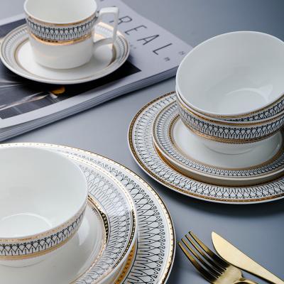 China Sustainable Cheap Porcelain Dinnerware Dinnerware Set With Gold Ceramic Dishes Dish Bowl Cup And Saucer Wedding Party for sale