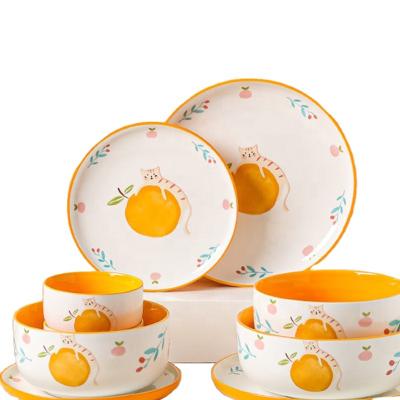 China Household Viable Creative Orange Cat Japanese Style Ceramic Drinking Bowls Soup Bowl Dish Dish Chopsticks Dinnerware Set for sale