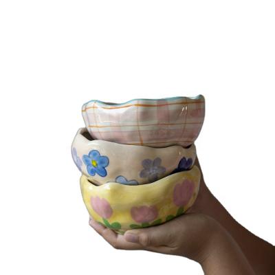 China Viable Hand Pinch Flower Bowls Retro Irregular Bowl Cereal Salad Tableware Baking Ice Cream Bowl Tableware Microwave Available for sale