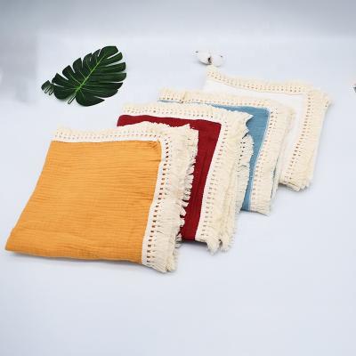 China Gauze Baby Blanket Long Fringe Anti-Bacteria Balance 2 Layers Best Quality Gauze 100% Organic Cotton Comfy Cover Blanket for sale