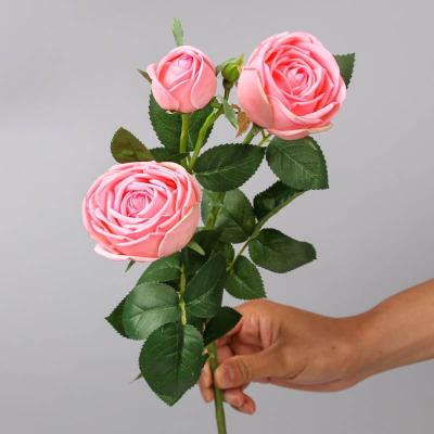 China High Quality 3 Heads Touch Artificial Flowers Fashional Real Artificial Rose Flower For Wedding Decoration for sale