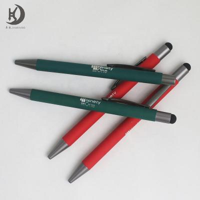 China Promotional Custom Logo Green Company Pen Stock Rubber Material With Retractable Stylus Pen Ballpoint Pen for sale