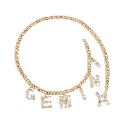 China Punk Rhinestone Exaggerated Initial Letter Body Chain, T-String Bikini Beach Alphabet Zodiac Belly Waist Chain Fashion Jewelry Charm for sale