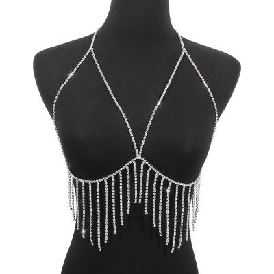 China Sexy Punk Nightclub Tassel Rhinestone Body Chain, Sexy Crystal Beach Bikini Bra Chain Jewelry Underwear Chest Body Chain for sale